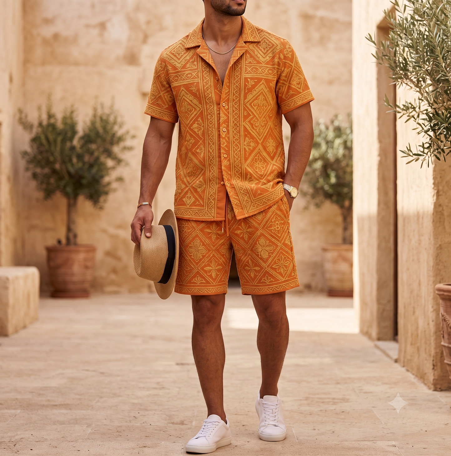 Men's luxury architectural style printed two-piece set, short sleeved shirt and shorts, for daily wear and exotic luxury style