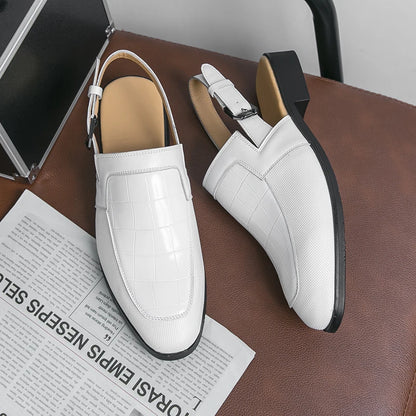Leather Men's Sandals Checker Textured Hollow Formal Shoes Casual Style Metal Button Sandals Office Men's Shoes Leather  Shoes