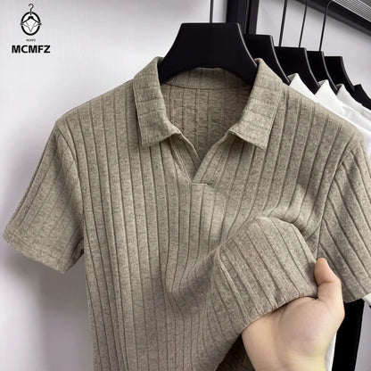 Men Ribbed Knit V Neck Polo Shirt Short Sleeve Casual T Shirt Elastic Comfortable Tops For Spring Summer Streetwear