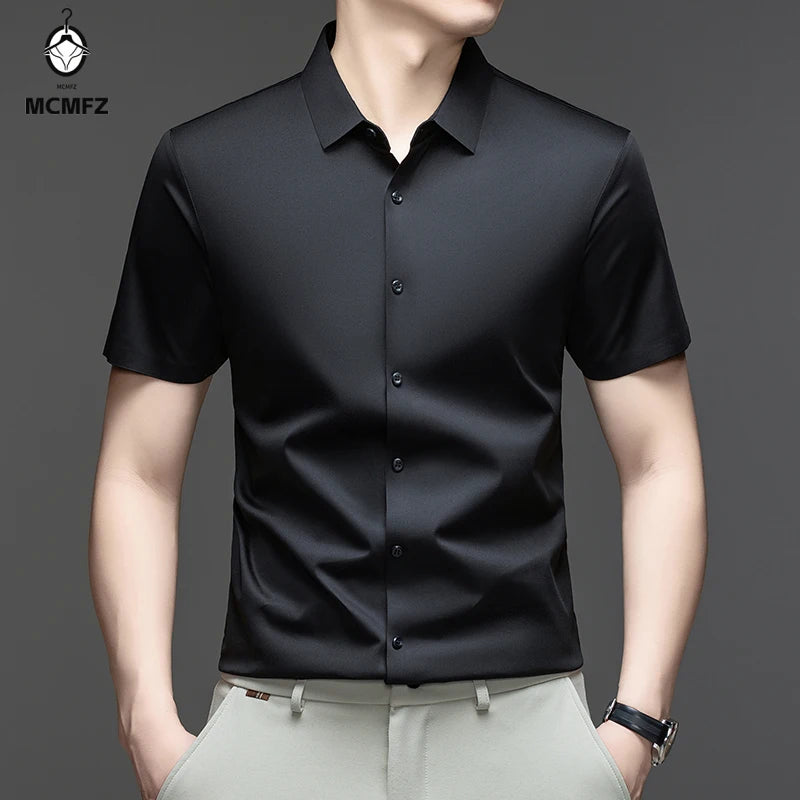 Casual Mens Short Sleeve Button Down Shirt Ice Silk Fabric Breathable Wrinkle Resistant Summer Formal Top