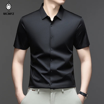 Casual Mens Short Sleeve Button Down Shirt Ice Silk Fabric Breathable Wrinkle Resistant Summer Formal Top