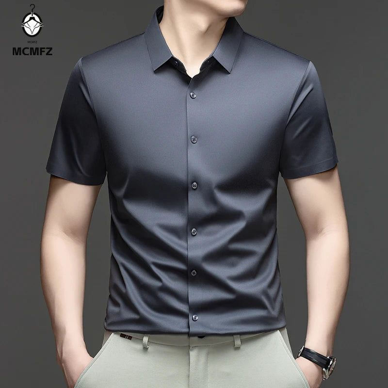 Casual Mens Short Sleeve Button Down Shirt Ice Silk Fabric Breathable Wrinkle Resistant Summer Formal Top