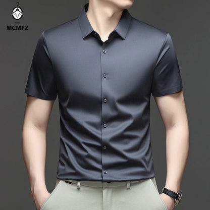 Casual Mens Short Sleeve Button Down Shirt Ice Silk Fabric Breathable Wrinkle Resistant Summer Formal Top