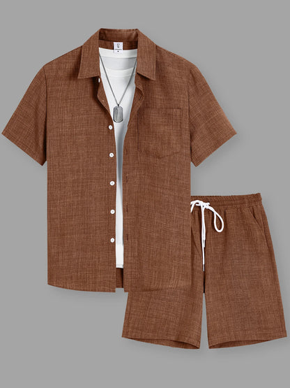Summer Men's Cotton Linen Texture Lapel Short Sleeve Shirt & Shorts Set, Loose Comfortable Breathable Daily Casual Two-Piece Outfit