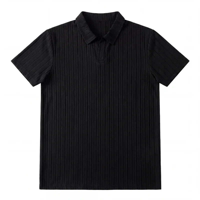 Men Ribbed Knit V Neck Polo Shirt Short Sleeve Casual T Shirt Elastic Comfortable Tops For Spring Summer Streetwear