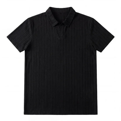 Men Ribbed Knit V Neck Polo Shirt Short Sleeve Casual T Shirt Elastic Comfortable Tops For Spring Summer Streetwear