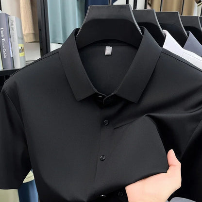 Casual Mens Short Sleeve Button Down Shirt Ice Silk Fabric Breathable Wrinkle Resistant Summer Formal Top