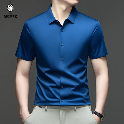 Casual Mens Short Sleeve Button Down Shirt Ice Silk Fabric Breathable Wrinkle Resistant Summer Formal Top