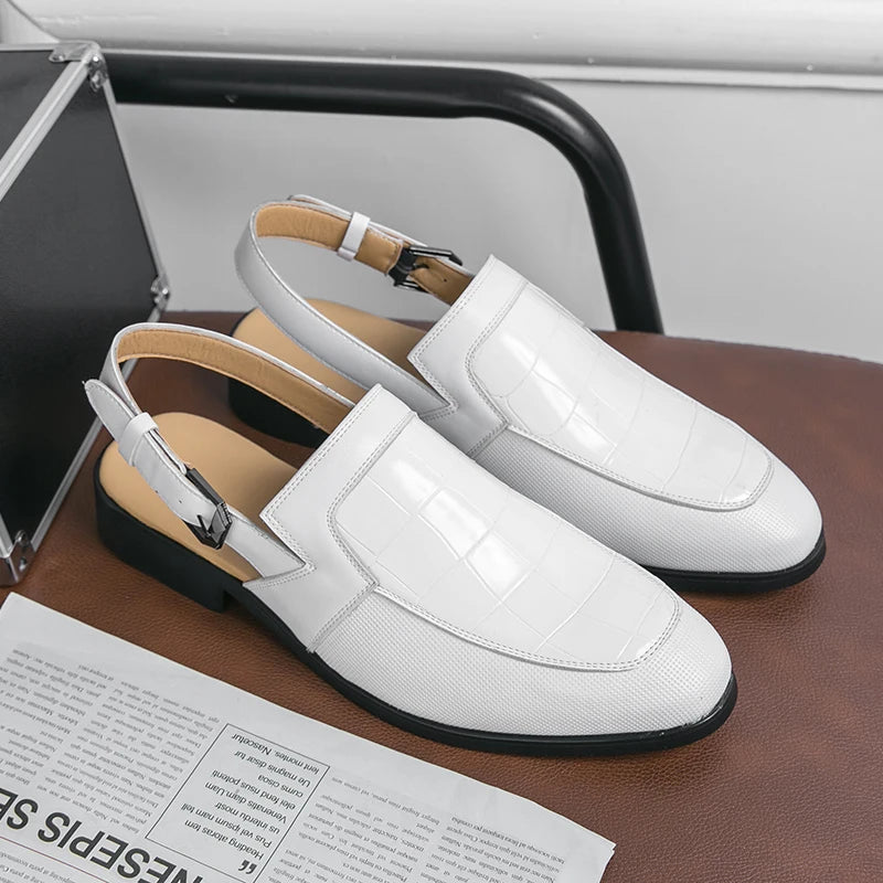 Leather Men's Sandals Checker Textured Hollow Formal Shoes Casual Style Metal Button Sandals Office Men's Shoes Leather  Shoes