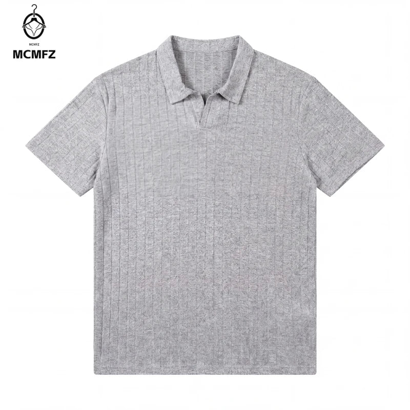 Men Ribbed Knit V Neck Polo Shirt Short Sleeve Casual T Shirt Elastic Comfortable Tops For Spring Summer Streetwear