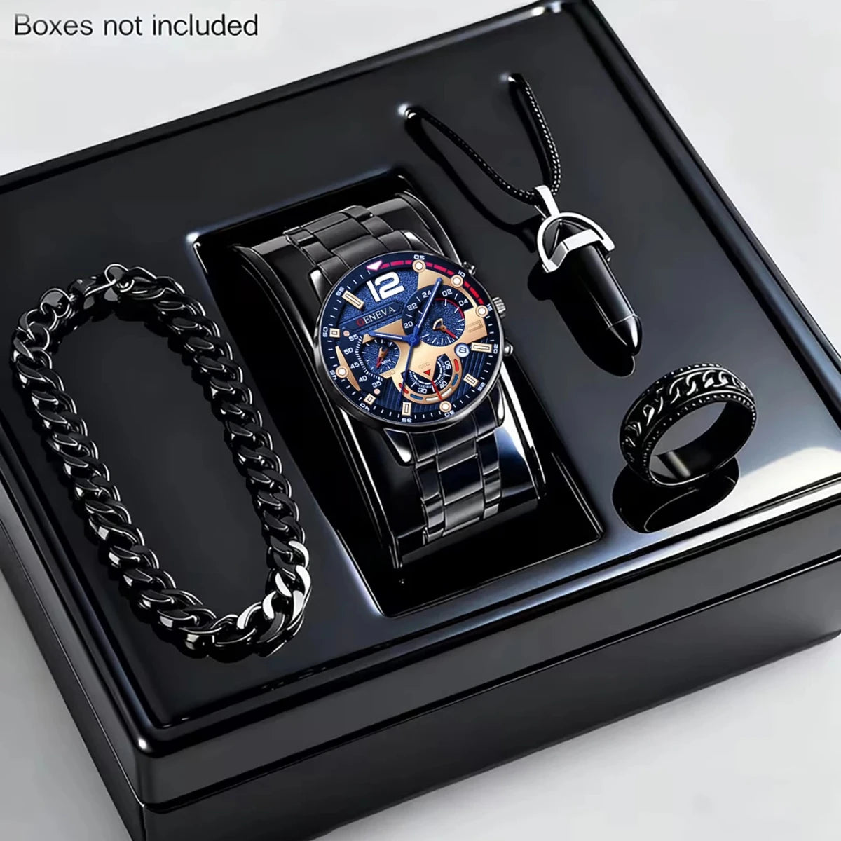 4PCS Luxury Men's Quartz Watch Jewelry Set Fashion Decorative Three-Eye Dial Men Business Watches Reloj Hombre（Without Box）