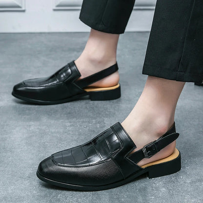 Leather Men's Sandals Checker Textured Hollow Formal Shoes Casual Style Metal Button Sandals Office Men's Shoes Leather  Shoes