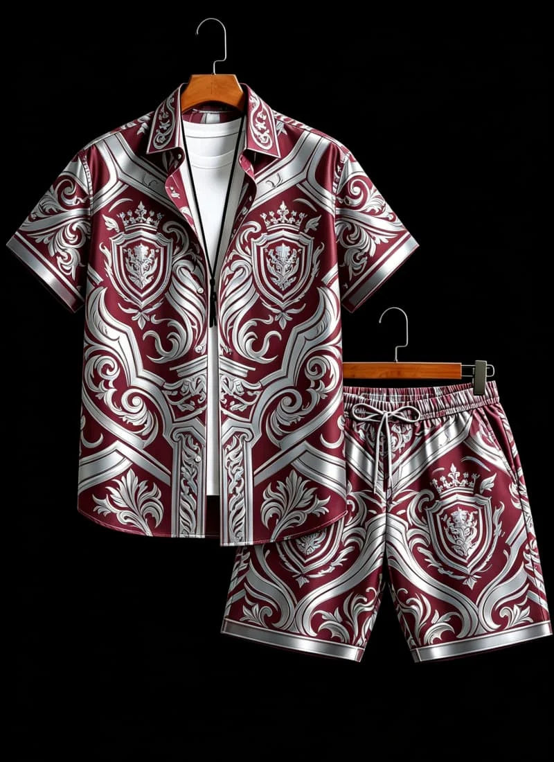 Men's luxury architectural style printed two-piece set, short sleeved shirt and shorts, for daily wear and exotic luxury style