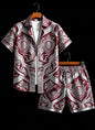 Men's luxury architectural style printed two-piece set, short sleeved shirt and shorts, for daily wear and exotic luxury style