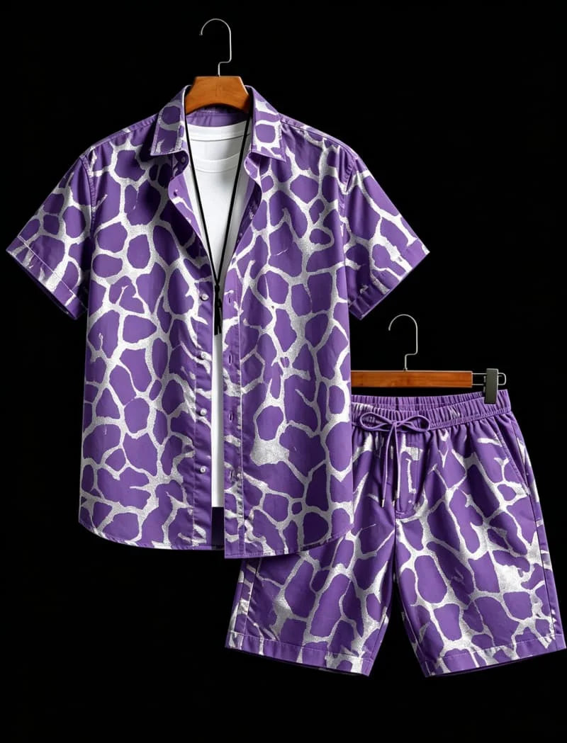 Men's animal print two-piece set, short sleeved shirt and shorts, suitable for tropical travel and unique exotic style