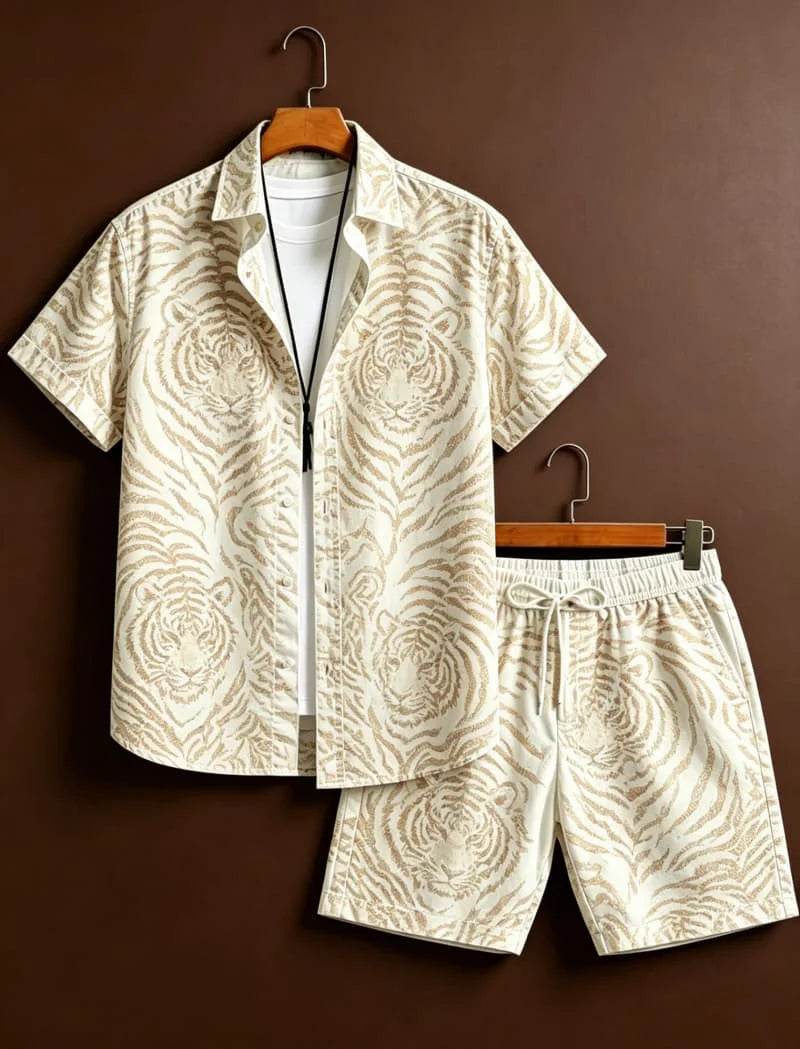 Men's animal print two-piece set, short sleeved shirt and shorts, suitable for tropical travel and unique exotic style