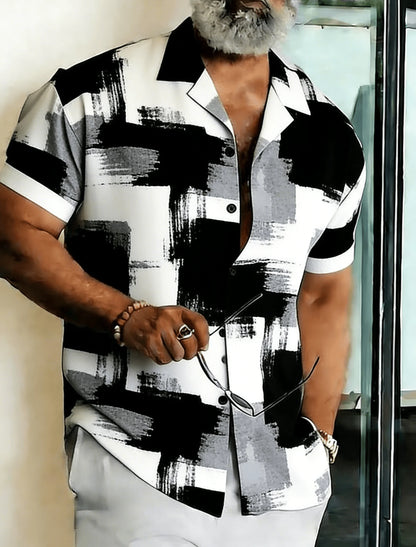 Men's Geometric Color Block Splice Short Sleeve Shirt, Spring Summer Minimal Trend Casual Top, Pocket Lapel Style