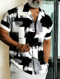 Men's Geometric Color Block Splice Short Sleeve Shirt, Spring Summer Minimal Trend Casual Top, Pocket Lapel Style