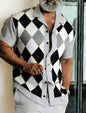 Men's Geometric Color Block Splice Short Sleeve Shirt, Spring Summer Minimal Trend Casual Top, Pocket Lapel Style