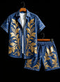 Men's luxury architectural style printed two-piece set, short sleeved shirt and shorts, for daily wear and exotic luxury style