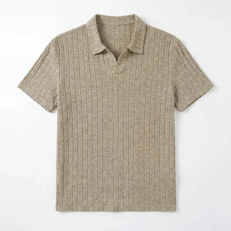 Men Ribbed Knit V Neck Polo Shirt Short Sleeve Casual T Shirt Elastic Comfortable Tops For Spring Summer Streetwear