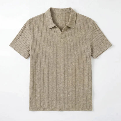 Men Ribbed Knit V Neck Polo Shirt Short Sleeve Casual T Shirt Elastic Comfortable Tops For Spring Summer Streetwear