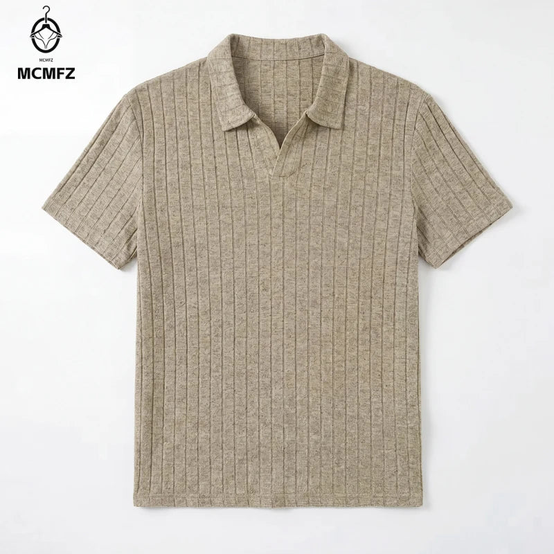 Men Ribbed Knit V Neck Polo Shirt Short Sleeve Casual T Shirt Elastic Comfortable Tops For Spring Summer Streetwear