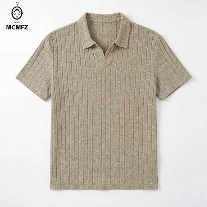 Men Ribbed Knit V Neck Polo Shirt Short Sleeve Casual T Shirt Elastic Comfortable Tops For Spring Summer Streetwear