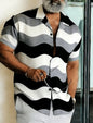 Men's Geometric Color Block Splice Short Sleeve Shirt, Spring Summer Minimal Trend Casual Top, Pocket Lapel Style