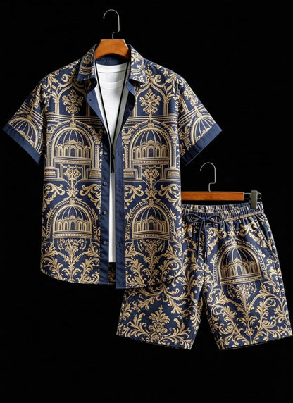 Men's luxury architectural style printed two-piece set, short sleeved shirt and shorts, for daily wear and exotic luxury style