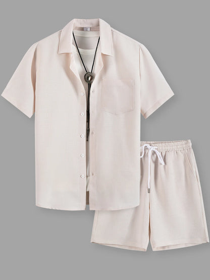 Summer Men's Cotton Linen Texture Lapel Short Sleeve Shirt & Shorts Set, Loose Comfortable Breathable Daily Casual Two-Piece Outfit