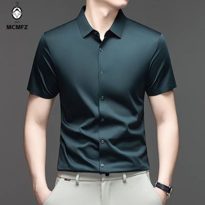 Casual Mens Short Sleeve Button Down Shirt Ice Silk Fabric Breathable Wrinkle Resistant Summer Formal Top