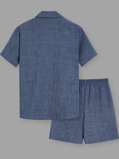 Summer Men's Cotton Linen Texture Lapel Short Sleeve Shirt & Shorts Set, Loose Comfortable Breathable Daily Casual Two-Piece Outfit