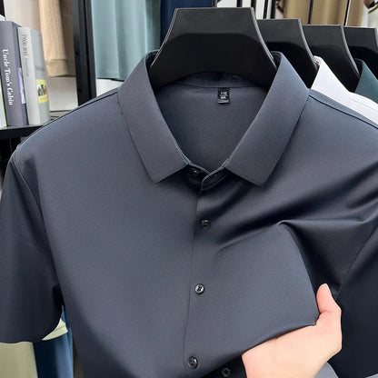 Casual Mens Short Sleeve Button Down Shirt Ice Silk Fabric Breathable Wrinkle Resistant Summer Formal Top