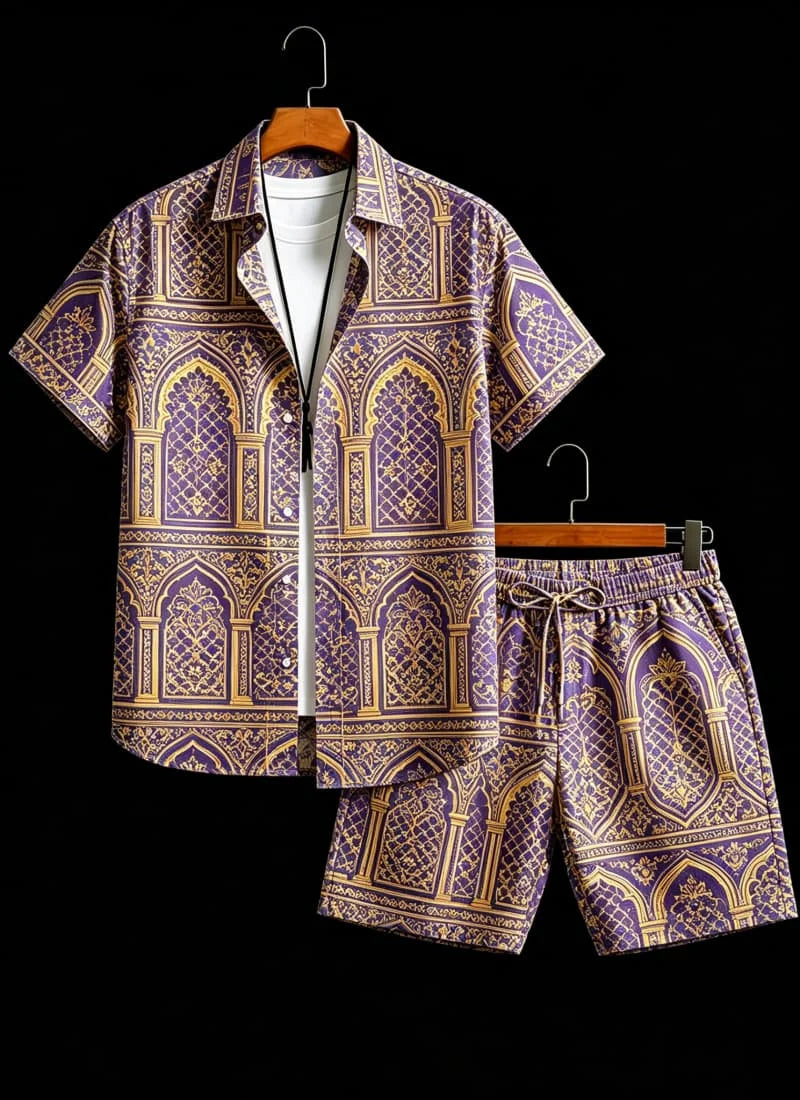 Men's luxury architectural style printed two-piece set, short sleeved shirt and shorts, for daily wear and exotic luxury style