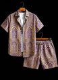Men's luxury architectural style printed two-piece set, short sleeved shirt and shorts, for daily wear and exotic luxury style
