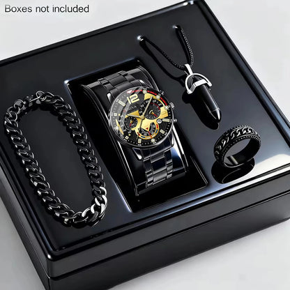 4PCS Luxury Men's Quartz Watch Jewelry Set Fashion Decorative Three-Eye Dial Men Business Watches Reloj Hombre（Without Box）