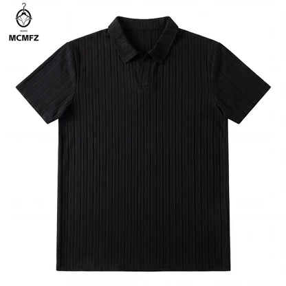 Men Ribbed Knit V Neck Polo Shirt Short Sleeve Casual T Shirt Elastic Comfortable Tops For Spring Summer Streetwear