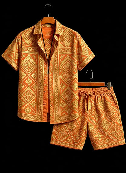 Men's luxury architectural style printed two-piece set, short sleeved shirt and shorts, for daily wear and exotic luxury style