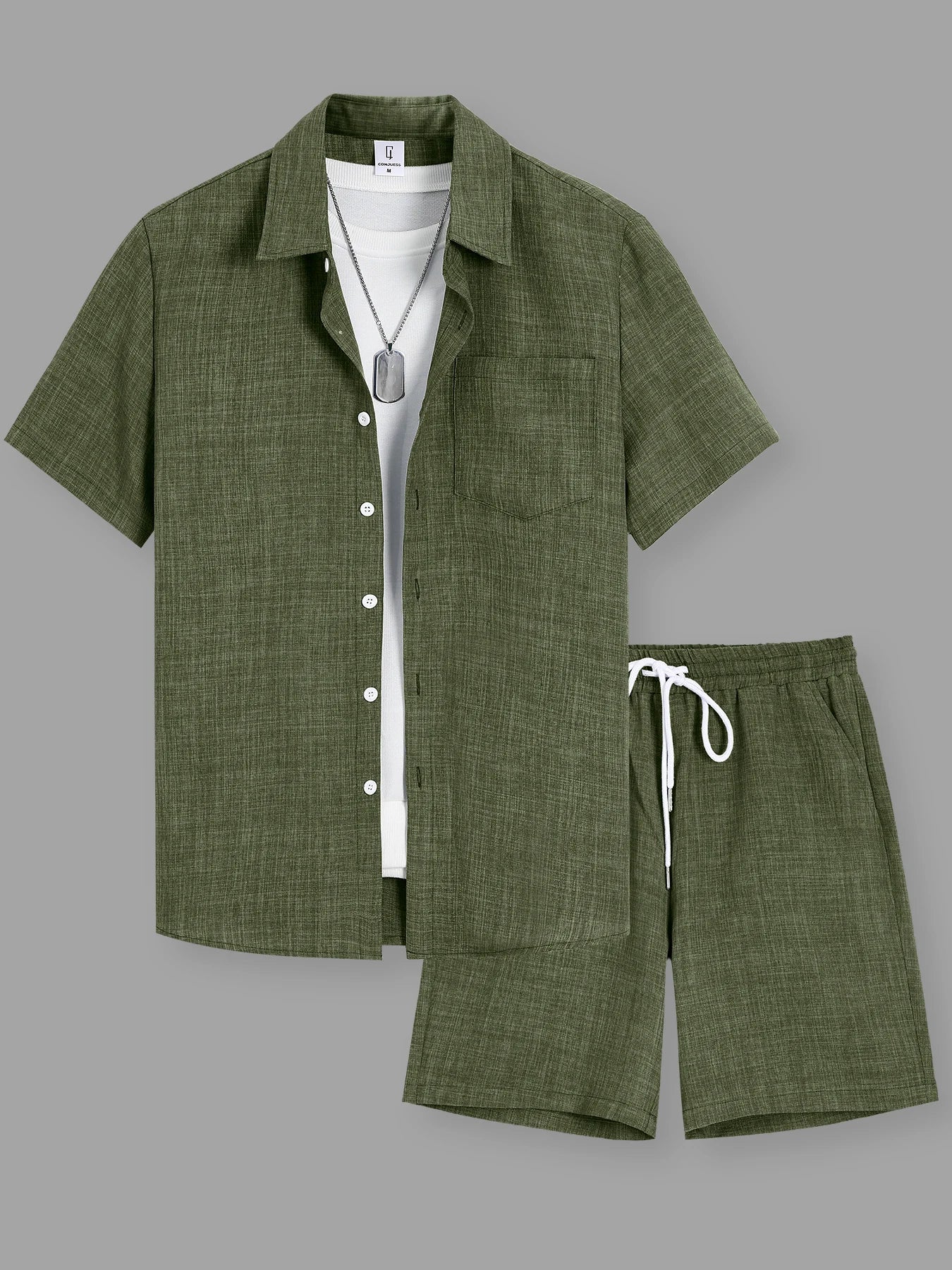 Summer Men's Cotton Linen Texture Lapel Short Sleeve Shirt & Shorts Set, Loose Comfortable Breathable Daily Casual Two-Piece Outfit