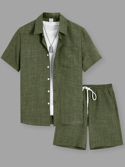 Summer Men's Cotton Linen Texture Lapel Short Sleeve Shirt & Shorts Set, Loose Comfortable Breathable Daily Casual Two-Piece Outfit