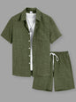 Summer Men's Cotton Linen Texture Lapel Short Sleeve Shirt & Shorts Set, Loose Comfortable Breathable Daily Casual Two-Piece Outfit