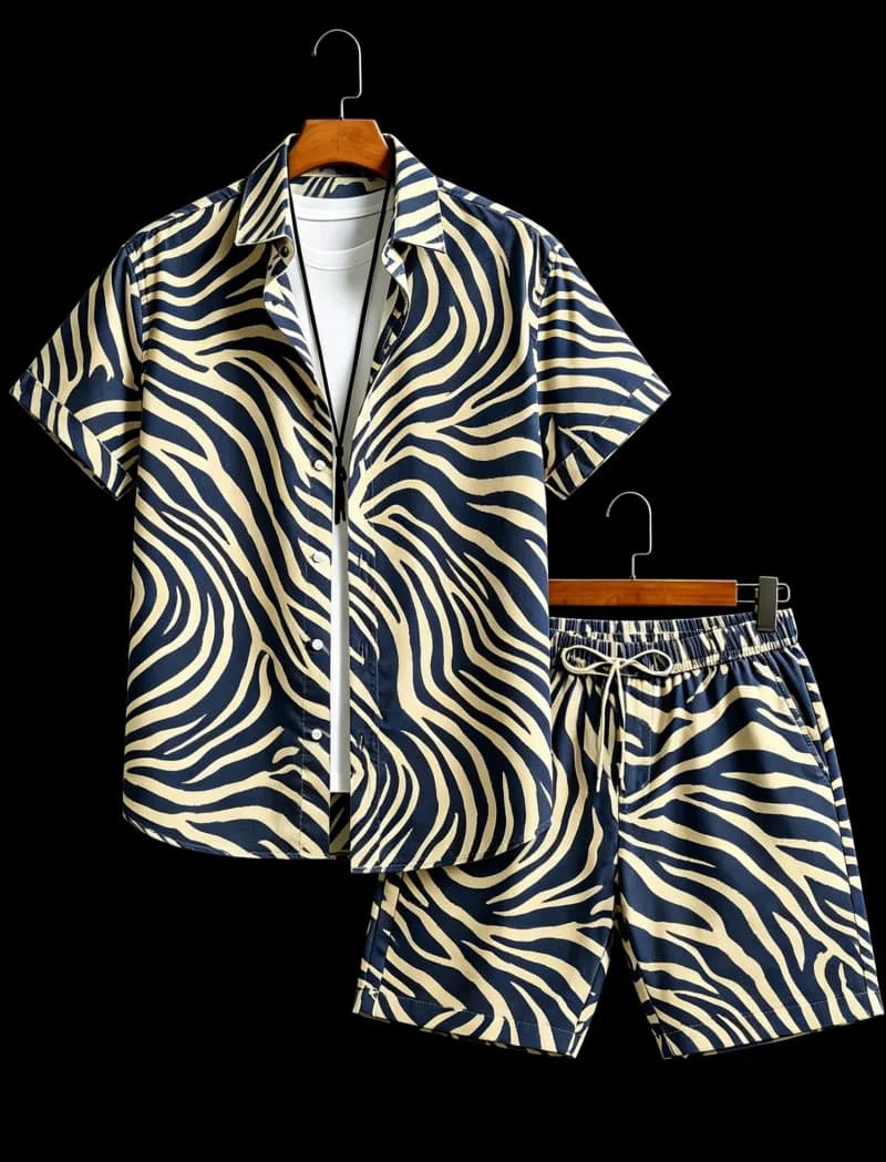 Men's animal print two-piece set, short sleeved shirt and shorts, suitable for tropical travel and unique exotic style