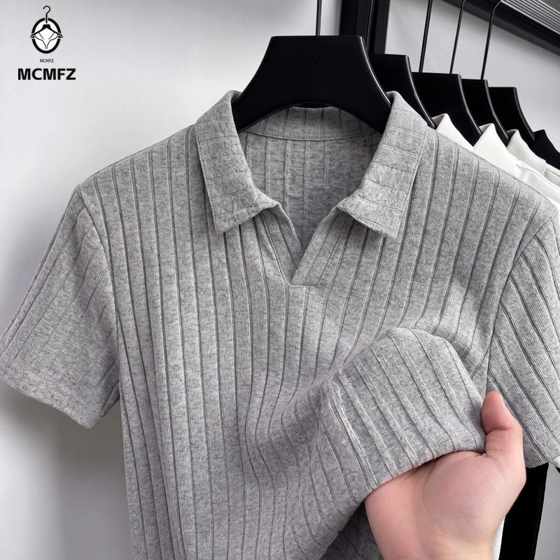 Men Ribbed Knit V Neck Polo Shirt Short Sleeve Casual T Shirt Elastic Comfortable Tops For Spring Summer Streetwear