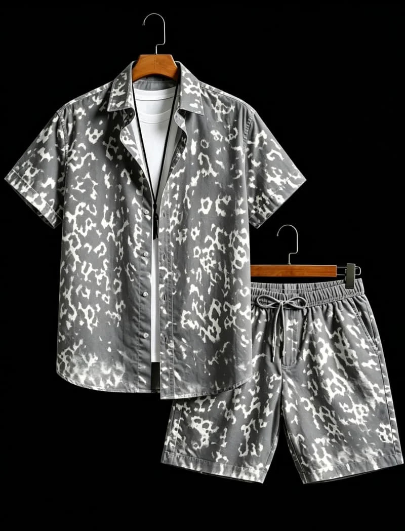 Men's animal print two-piece set, short sleeved shirt and shorts, suitable for tropical travel and unique exotic style
