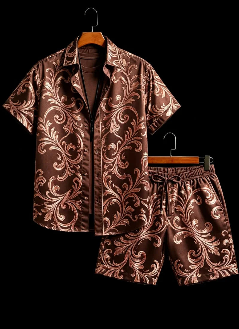 Men's luxury architectural style printed two-piece set, short sleeved shirt and shorts, for daily wear and exotic luxury style