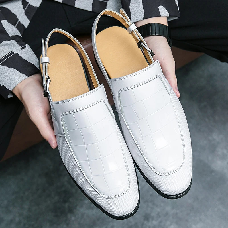 Leather Men's Sandals Checker Textured Hollow Formal Shoes Casual Style Metal Button Sandals Office Men's Shoes Leather  Shoes
