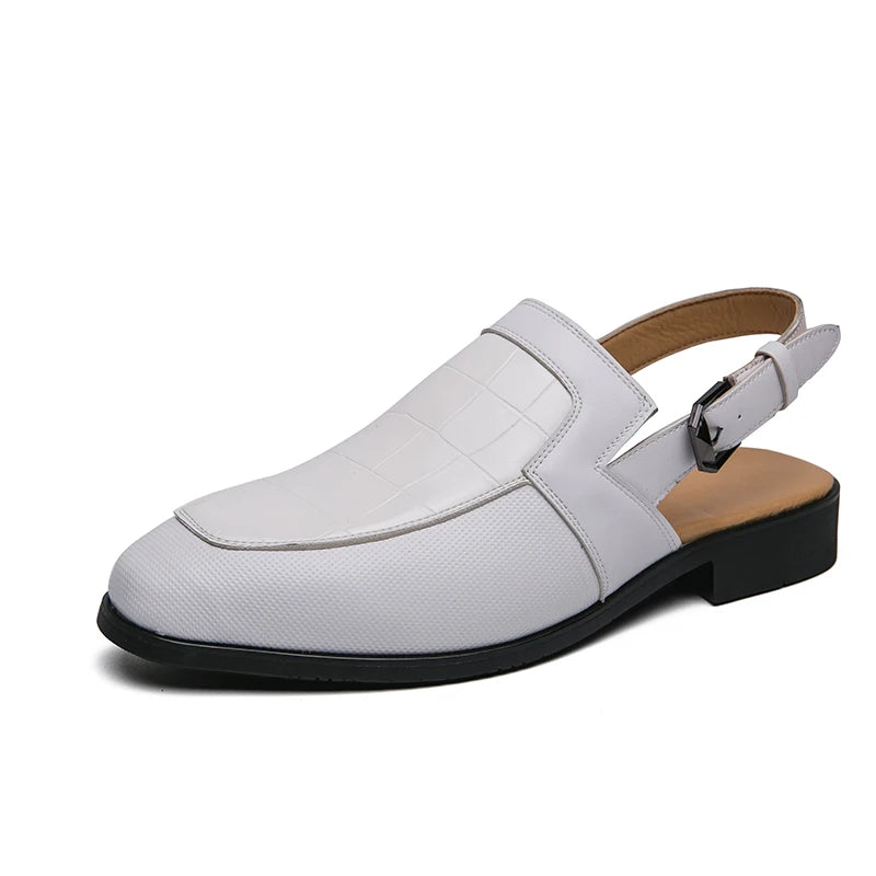 Leather Men's Sandals Checker Textured Hollow Formal Shoes Casual Style Metal Button Sandals Office Men's Shoes Leather  Shoes