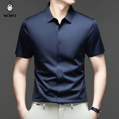 Casual Mens Short Sleeve Button Down Shirt Ice Silk Fabric Breathable Wrinkle Resistant Summer Formal Top