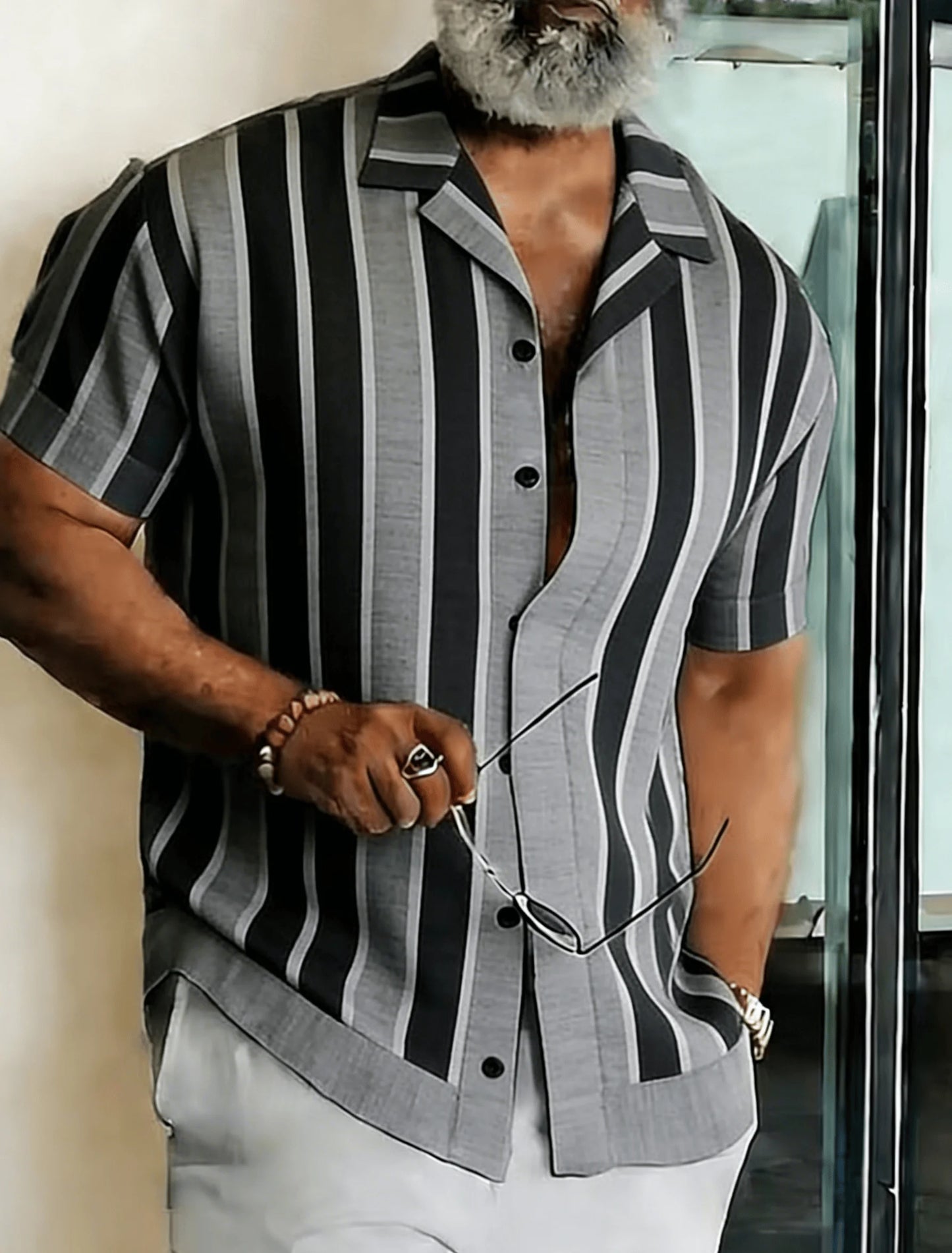 Men's Geometric Color Block Splice Short Sleeve Shirt, Spring Summer Minimal Trend Casual Top, Pocket Lapel Style